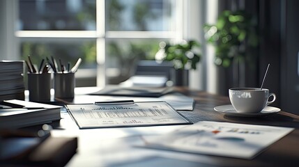 An organized desk showcasing an accountanta??s ledger, financial charts, and a cup of coffee in a bright office space.