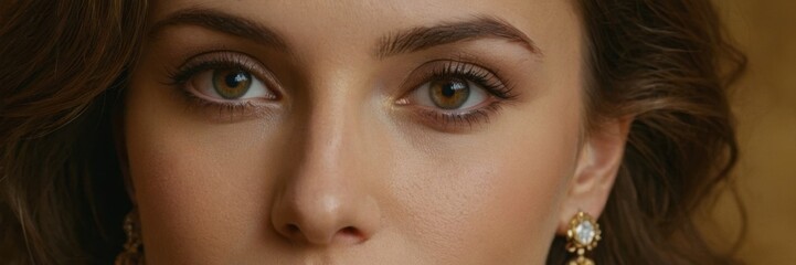 Obraz premium Close-up of a woman with elegant earrings and curly hair, set against a warm, softly lit background.