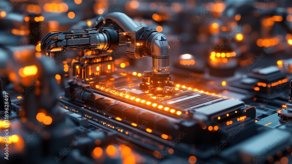 Poster autonomous manufacturing technology is showcased with glowing robotic arms efficiently assembling co