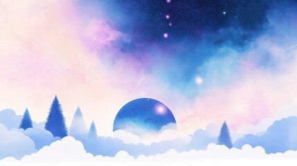Silhouette trees on clouds float in colourful galaxy. Colorful starry night sky with vibrant blue, purple gradient. Cosmic watercolor style. Planet hovers above soft clouds. Space background. Dreamy,