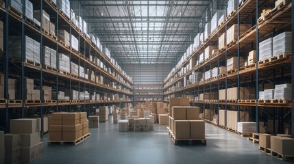 Fototapeta premium A spacious warehouse filled with stacked boxes and pallets, designed for storage and logistics.