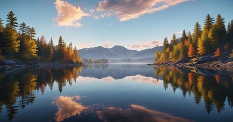 Naklejka premium The sky is reflected in the calm waters of a peaceful lake, mirror image, surface, natural light