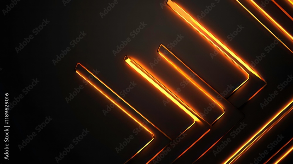 Poster abstract dark background with glowing orange lines, geometric shapes, and metallic texture.