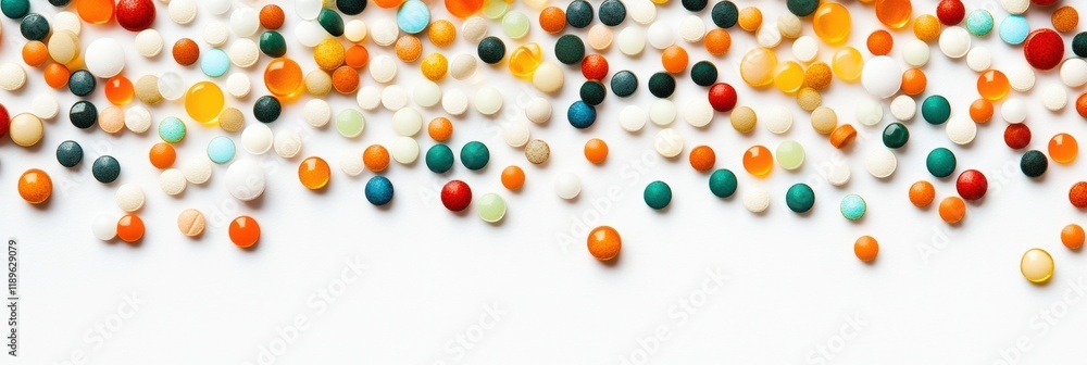 Poster colorful assortment of pills and capsules spread across a white surface showcasing variety and vibra