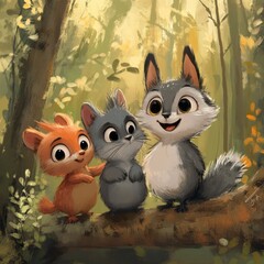 Obraz premium Three Adorable Cartoon Animals Sitting On A Log In A Forest