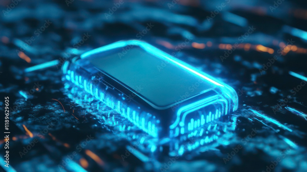 Poster futuristic glowing blue tech device on a circuit board.