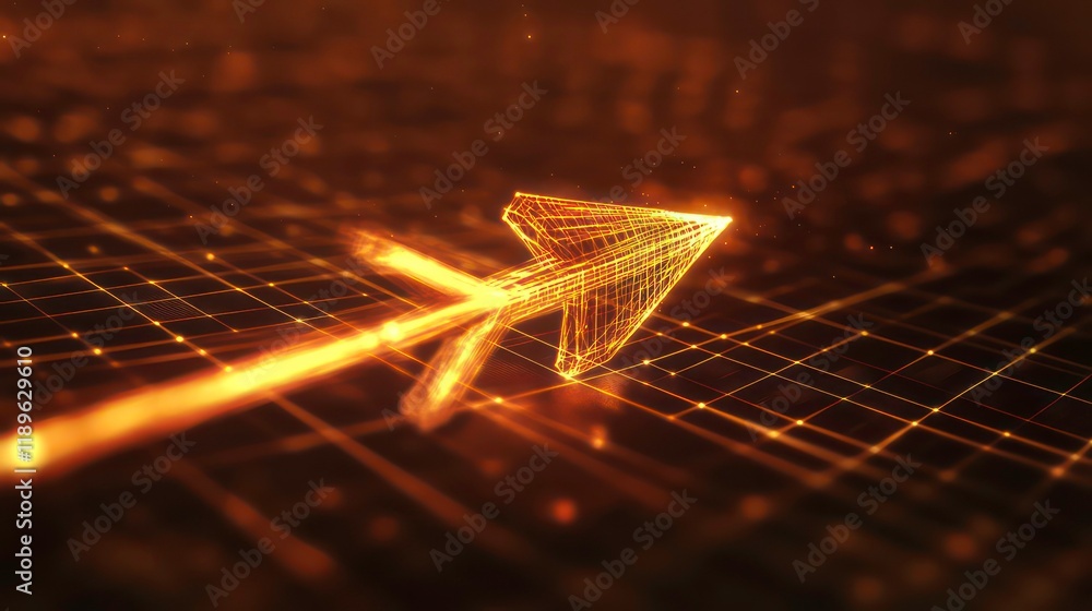 Poster glowing arrow pointing right on grid, digital growth concept.