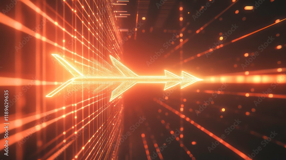 Poster glowing arrow moving through a grid network.