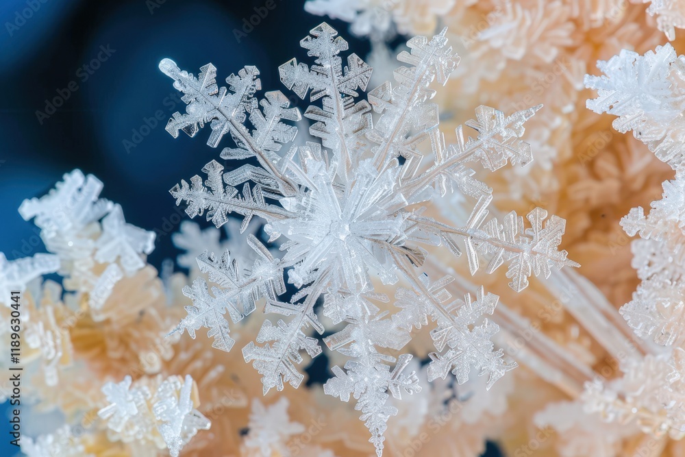 Poster a snowflake is captured in a close up of a branch