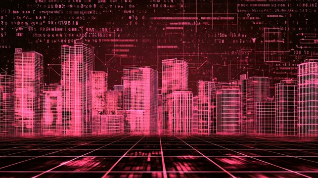 Cyberpunk Cityscape Digital Wireframe Buildings