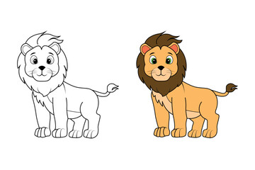 A Cute Lion isolated black and white outline with colour guide for coloring book