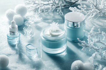 Two jars of skincare products, one serum and one cream, are displayed on a winter-themed background with ice and snow