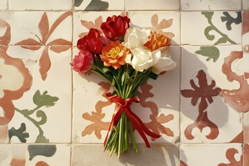 Bouquet of Colorful Flowers with Red Ribbon on Patterned Tile Background Celebrating Women&rsquo;s Day Concept