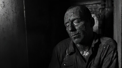 Fototapeta premium Weathered man, coal dust on face, dark, monochrome, pensive expression, sitting, shadows, grunge, tired, lonely.