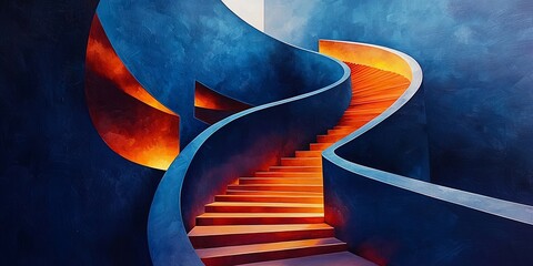 Abstract curved stairway with orange and blue lighting.