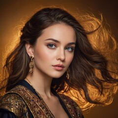 Naklejka premium A person with flowing hair adorned in a richly embroidered garment, set against a warm, glowing background. Elegant earrings add charm.