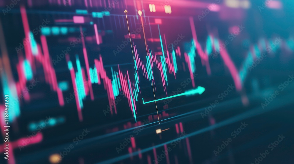 Leinwandbilder Close-up of a computer screen displaying dynamic stock market charts with vibrant color-coded lines indicating price fluctuations and trends.