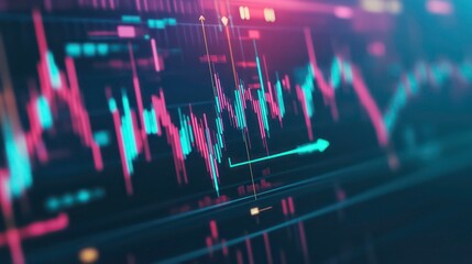 Close-up of a computer screen displaying dynamic stock market charts with vibrant color-coded lines indicating price fluctuations and trends.