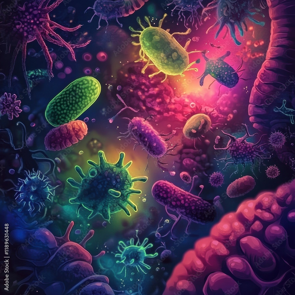 Poster colorful illustration of diverse microscopic microbes in various shapes and textures in a vibrant en