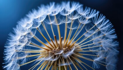 A closeup of a dandelion seed head with delicate white seeds, surrounded by abstract natural tones of green, blue, and soft light