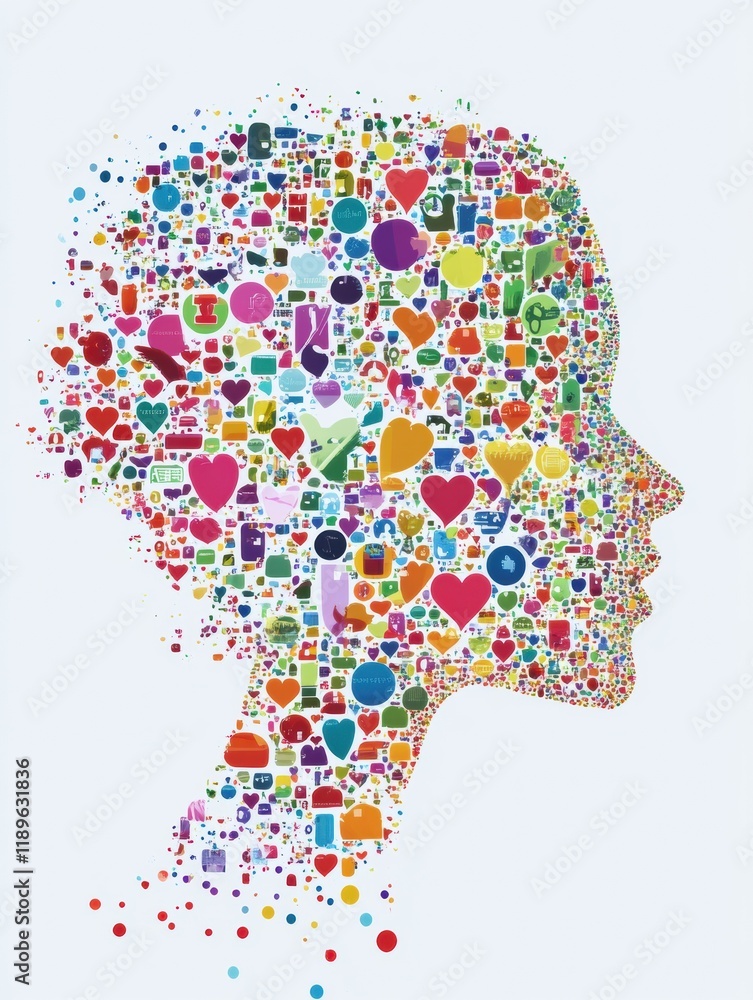 Aufkleber Stylized human face created from colorful icons reflecting diverse emotions and activities. Generative AI