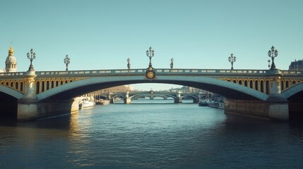 An elegant bridge spanning over a river, highlighting its architectural features against a clear blue sky.
