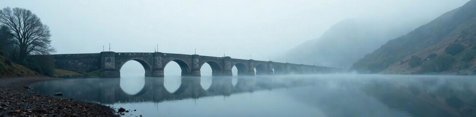 Fototapeta premium Vast expanse of fog surrounds historic bridge, Water, Scotland, Fog