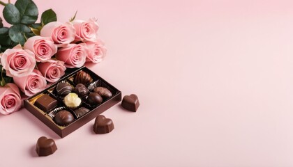 Chocolates and Roses Perfect Combination on soft pink table, copy space