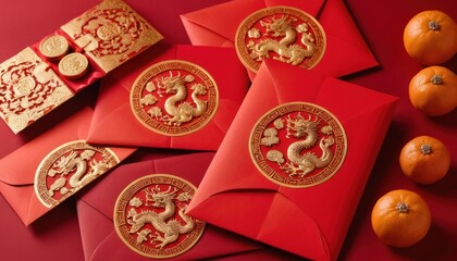 Close up of elegant red envelope on red background. Chinese new year