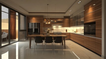 Modern Luxury Kitchen Design:  Elegant Wood Interior with Open Plan Dining Area