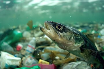 Obraz premium A fish is swimming in a murky water filled with plastic bottles