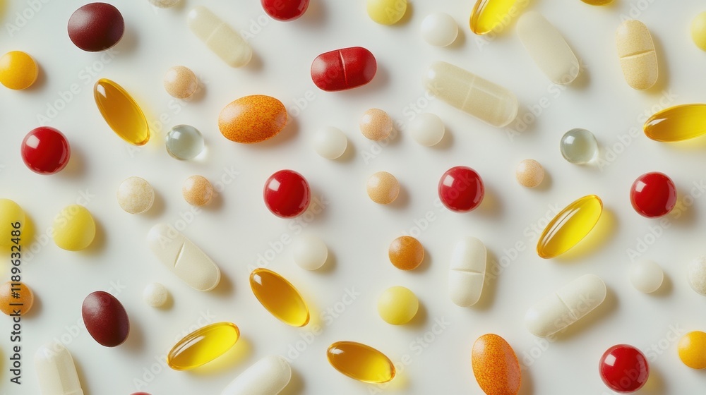 Poster Colorful variety of capsules and pills on a white background in a health and wellness context. Generative AI