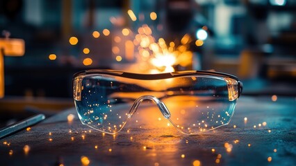 Close-up of Safety Glasses with Sparks in Industrial Setting