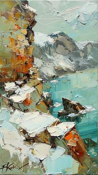 A painting of a rocky cliff with a blue ocean in the background