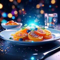fresh baked salmon with orange and blue salad