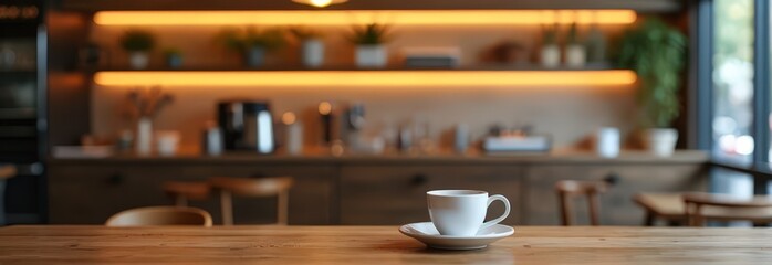 This stunning coffee shop photograph featuring a cozy shelf and table setup, perfect for a cafe or restaurant decor. The bokeh effect in the background adds a touch of magic to the scene 