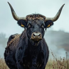 black bull on a farm in the mountains.