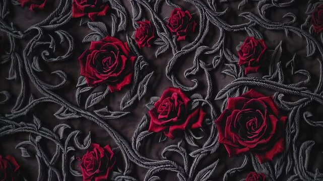 elegant fabric pattern with detailed, raised red roses and intricate vines, creating a luxurious and gothic design