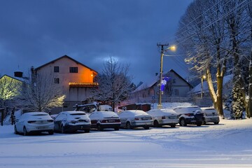 row of parked cars in winter