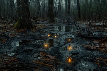 Fototapeta premium A forest scene with a pond in the middle