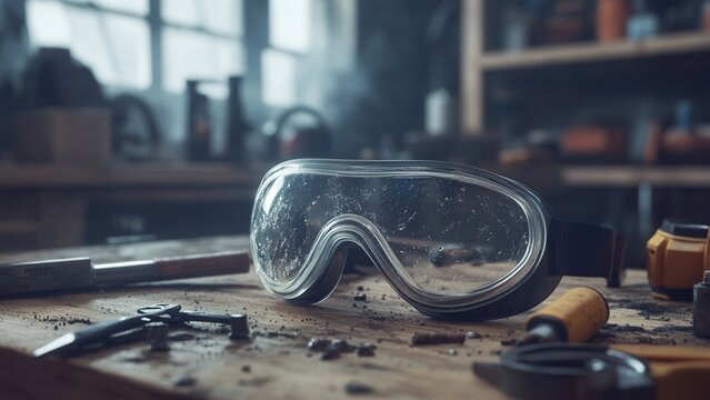 Safety goggles on a workbench in a workshop setting