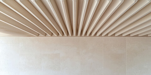 Ceiling decorated with wooden planks. Designer ceiling made of slats. Wooden planks from sustainable sources. Eco-friendly interior design