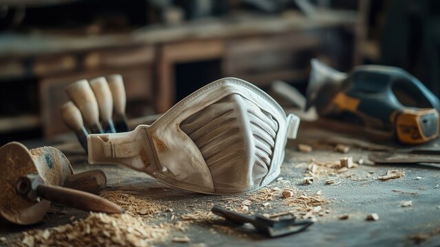 Dusty workshop with protective mask and woodworking tools on table