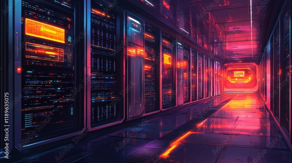 Poster this artwork features a futuristic data center filled with rows of illuminated server racks. neon li