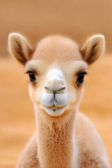 Obraz premium Cute funny baby camel on the background of natural landscape, beautiful scene 