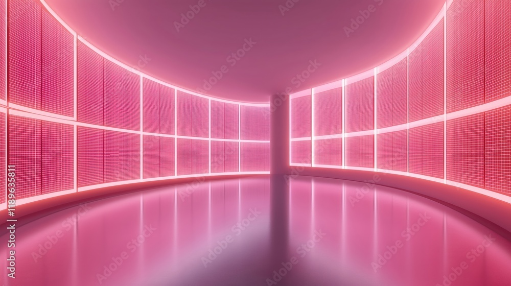 Poster modern virtual studio background. pink room with curved walls. many screens arranged like panels. id