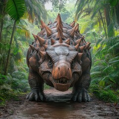 Fototapeta premium Spiked Dinosaur Walking Through a Dense, Lush Jungle Pathway