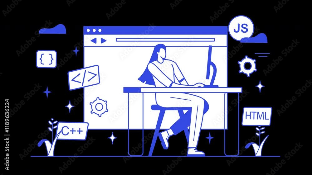 Poster a stylized illustration of a woman programming at a computer, featuring coding symbols and language 