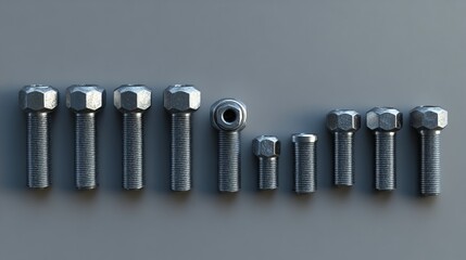 Glossy metal bolts and nuts of different sizes placed on a gray background.