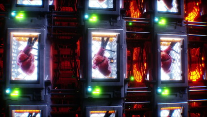 Growing a heart in a futuristic capsule. genetic engineering concept. futuristic laboratory. 3d rendering.